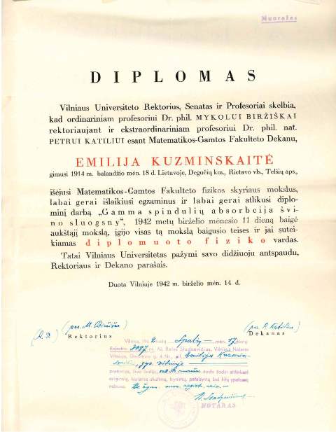 Emilijos Kuzminskaitės diplomo nuorašas iš jos asmens bylos, saugomos KTU archyve